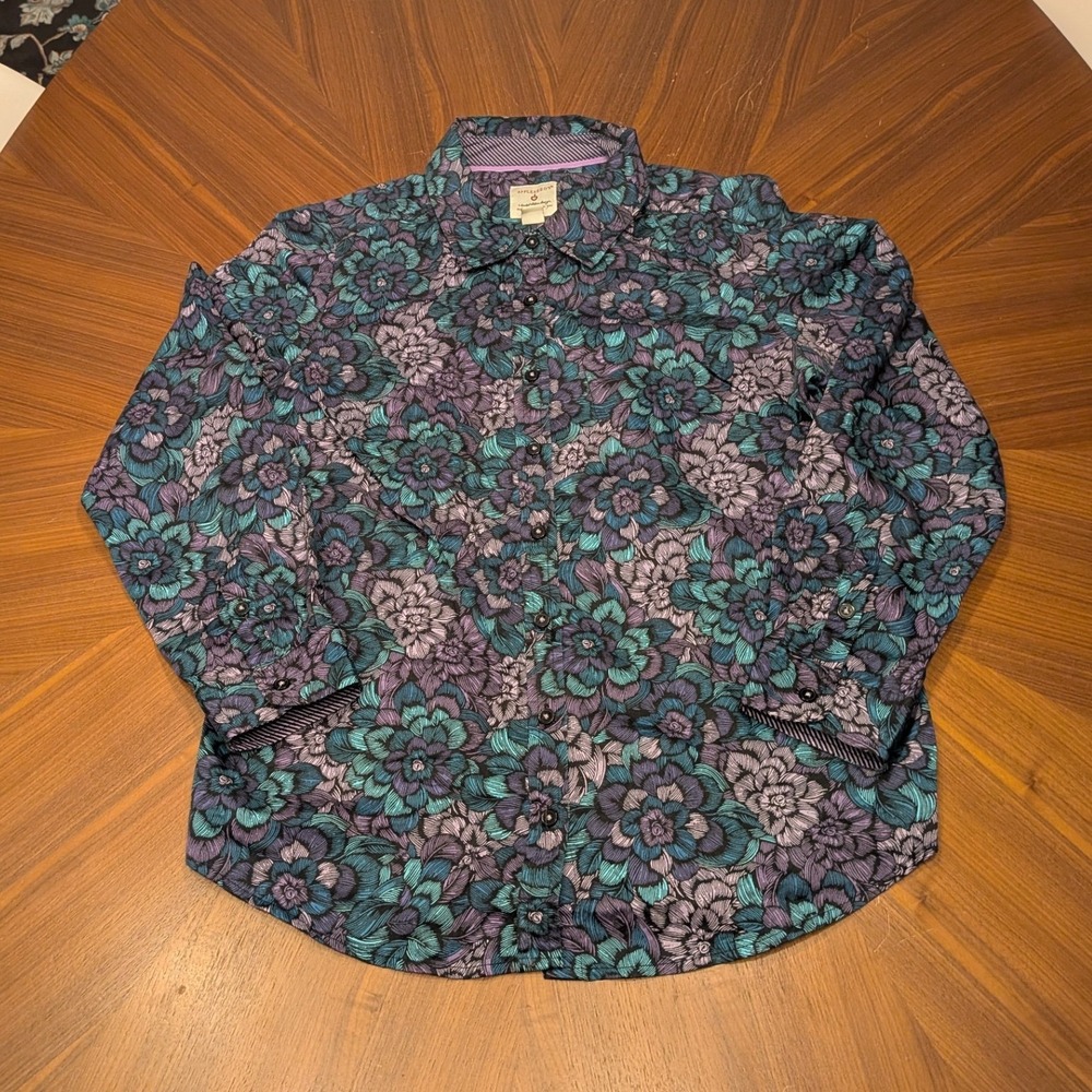 Appleseeds Floral Button Down Shirt Womens 10 Teal Purple Excellent Long Sleeve